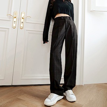 寬版率性格紋壓褶直筒落地西裝褲-OB嚴選