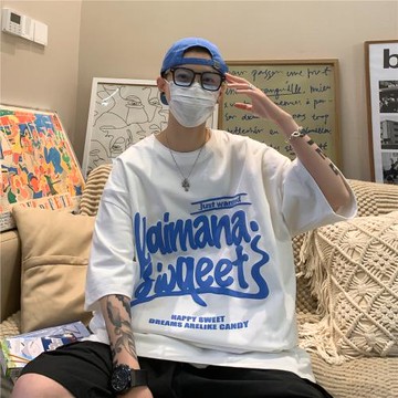 男生t恤短袖夏季薄款透氣五分袖體恤字母印花潮牌上衣寬松半袖男