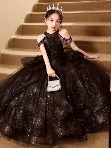 女童晚禮服輕奢小眾高端黑色公主裙兒童走秀主持人鋼琴演奏演出服