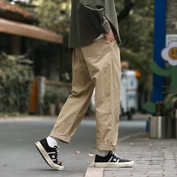 日系復古經典卡其色褲子男春秋季潮牌寬松直筒百搭休閑九分工裝褲