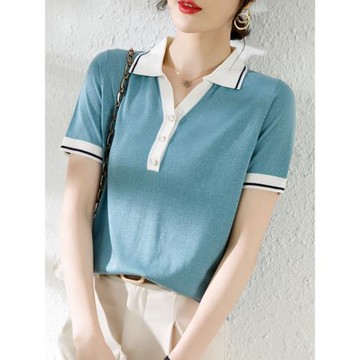 媽媽夏裝天絲短袖T恤女2023年夏季新款寬松Polo領亮絲針織衫上衣