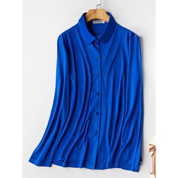 雙面針織真絲襯衫女桑蠶絲大碼寶蘭色長袖藍色襯衣上衣夏女