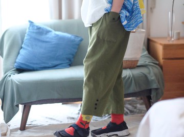 橄欖綠寬寬的格紋包釦錐形寬褲