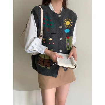 童趣針織背心馬甲單排扣圓領卡通