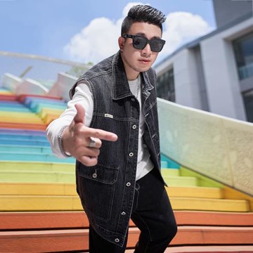 2022春秋季大碼男裝胖子做舊復古工裝馬甲坎肩寬松男士牛仔外套