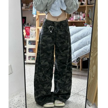 【PRPN】迷彩牛仔長褲 高腰直筒長褲 女生闊腿長褲 彈力牛仔褲 鬆緊牛仔褲 牛仔直筒褲 窄版直筒褲