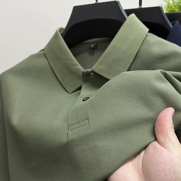 【夏季新品 短袖POLO衫 短袖上衣 工作服 冰絲涼感】夏季純色凈版新款男珠地透氣100%棉POLO短袖T恤翻領純色外貿