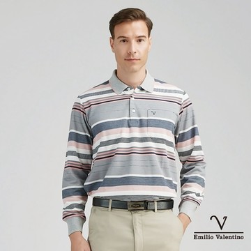 【Emilio Valentino范倫鐵諾】男裝保暖棉質磨毛長袖POLO衫 灰菊白(66-4V8171)