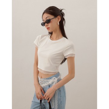 AIR SPACE LADY 層次感透紗木耳捲合身短TEE(黑/白) 女裝 現貨