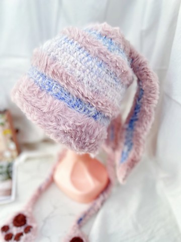【兔貝兒】秋冬百搭保暖護耳帽-漸層藍+皮粉毛毛邊
