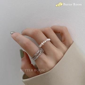 Butter Room 🧈 法式淡水珍珠戒指兩件組 （金） 免運  開口戒指 交叉 珍珠戒指 金屬 冷淡風 彈性