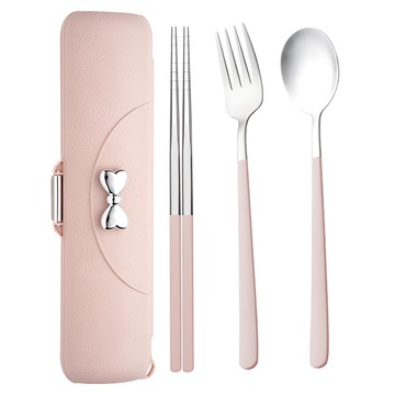 德利生活 蝴蝶結304不鏽鋼便攜餐具3件套 粉色 附收納盒  1組