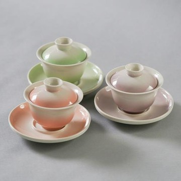 漸變色陶瓷三才蓋碗 好用高溫瓷原礦釉功夫茶具130ml蘋果綠淡水粉