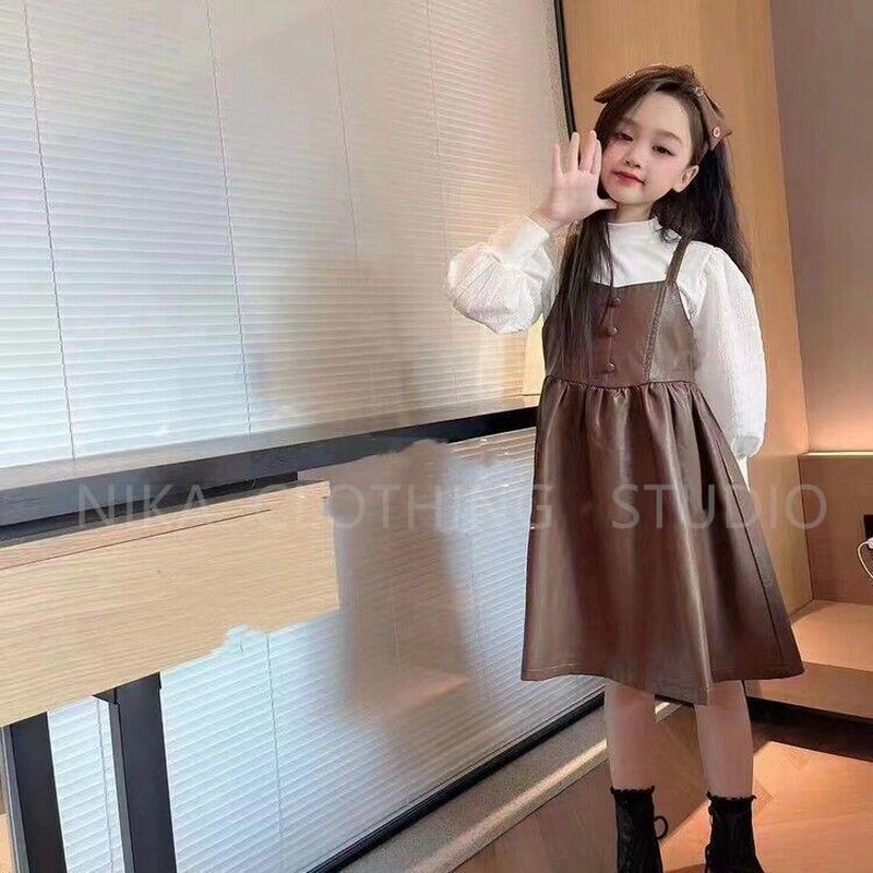 セットアップ 長袖セット トップス サロペットワンピース 女の子 子供 カジュアル レザーワンピース 子供服 キッズ 2点セット 可愛い 通販 LINEポイント最大0.5%GET LINEショッピング キッズワンピース2点セット