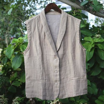 昔語自制 純亞麻色織翻領西裝馬甲收腰背心外套C763