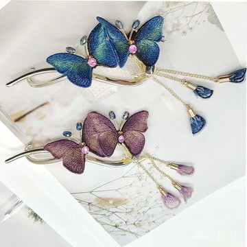 新中式 刺繡蝴蝶 流蘇扭扭一字夾 輕奢複古盤髮髮夾 小衆髮卡卡子頭飾