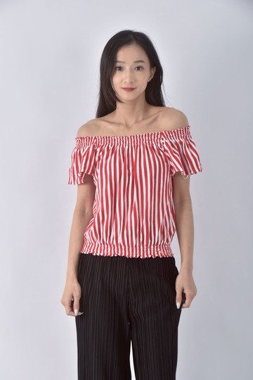 (S) 條紋紅色短袖上衣
