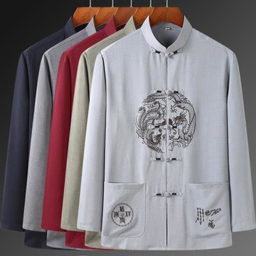 中國風棉麻唐裝男爸爸長袖套裝春夏季中老年人爺爺老人衣服兩件套