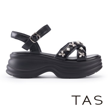 TAS 羊皮交叉珍珠蝴蝶鑽飾踝帶厚底涼鞋 黑色 #45321