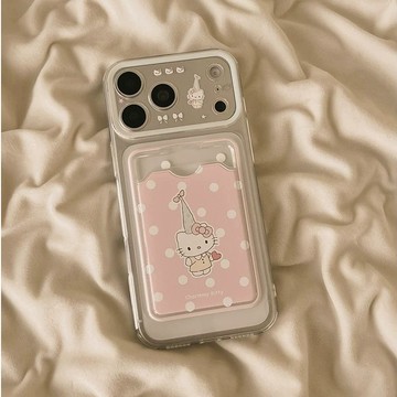 ins日韓 可愛少女粉 波點生日帽 KT貓 iPhone17 16 15 14 Pro max 防摔保護手機殼 卡包凱蒂