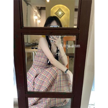 早春格子連衣裙顯瘦百搭背心吊帶