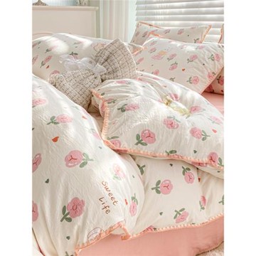 小清新雙層紗貝殼繡水洗棉床上四件套床單被套非全棉純棉床品春夏