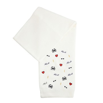 KARL LAGERFELD 卡爾 貓咪愛心電繡徽章保暖針織長圍巾.白