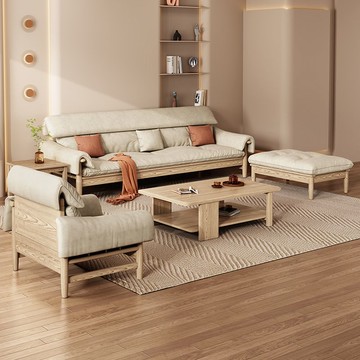 限時下殺！免運 實木沙發 大型沙發 沙發椅 沙發床 懶人沙發 北歐云朵全實木沙發大小戶型簡約客廳轉角布藝直排沙發奶油原木風 可開發票 特價出 八折減免