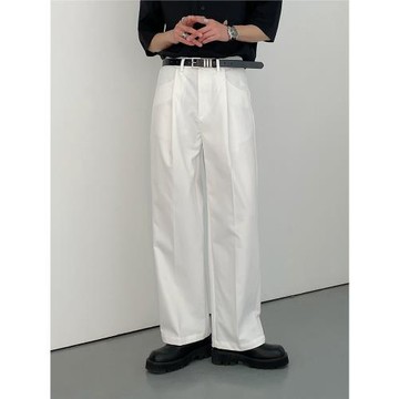 SF/新款韓版時髦潮流復古極簡休閑褲男士直筒高腰闊腿褲白色西褲