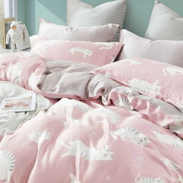 Prawear 巴麗維亞 100%天絲床包 + 枕套 2個  慵懶貓咪粉  King Size(210 x 180cm)