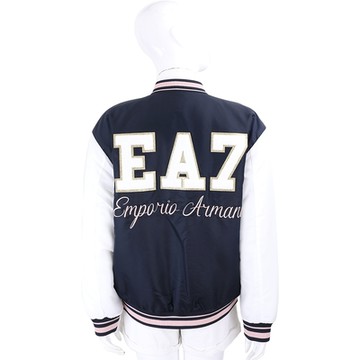 Emporio Armani EA7背面絨毛飾字母粉色邊線深藍色棒球外套