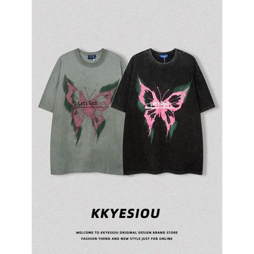 KKyesiou美式潮牌蝴蝶印花短袖T恤男女設計感vintage水洗情侶上衣