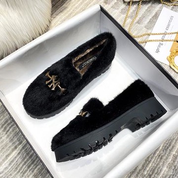 高跟鞋粗跟厚底毛毛鞋女秋冬外穿豆豆鞋加絨棉瓢鞋大碼女鞋41-43