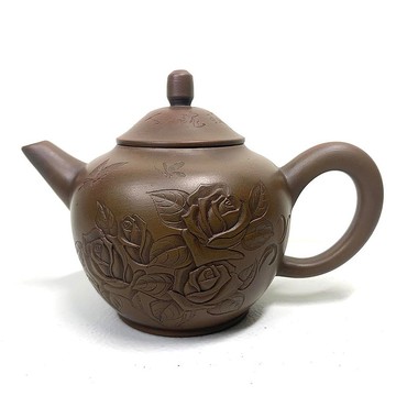 台灣【段泥窯變】程剛雕刻(珍愛一生珍愛一世玫瑰)窯變壺
