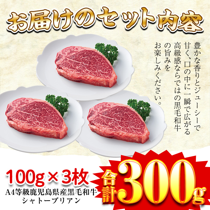 a326 A4等級鹿児島県産黒毛和牛！希少な牛肉！シャトーブリアン 100g×3(計300g)フィレ肉中でも最も中心部の柔らかい部位シャトーブリアンをセットでお届け姶良市 ステーキ