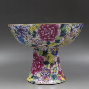 清乾隆年制描金粉彩萬花紋高足果盤仿古瓷器家居擺件古董古玩收藏1入