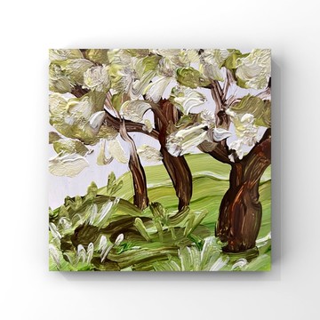 蘋果樹原創藝術蘋果樹開花藝術盛開的果園油畫