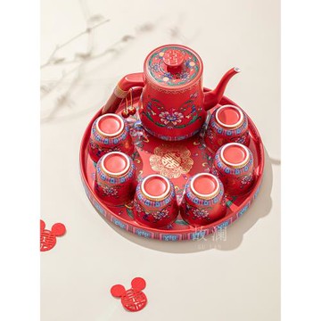 故瀾高檔琺瑯彩結婚茶具套裝陪嫁紅色茶壺婚禮改口敬茶杯新婚禮物
