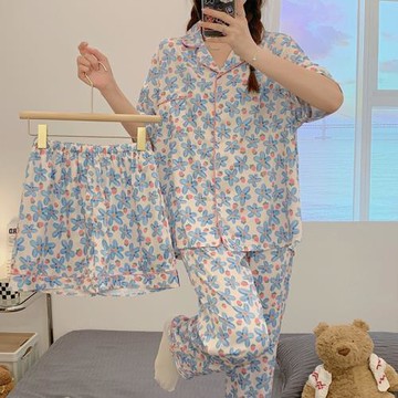 三件套裝睡衣女冰絲2022年新款卡通學生夏季短袖長褲高級感家居服