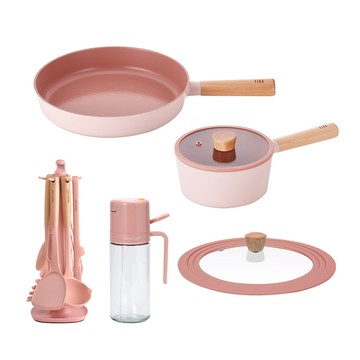 粉紅FIKA系列鑄造二鍋組-單柄湯鍋+平底鍋(不挑爐具，瓦斯爐電磁爐可用)贈矽膠廚具組+通用鍋蓋+兩用油壺