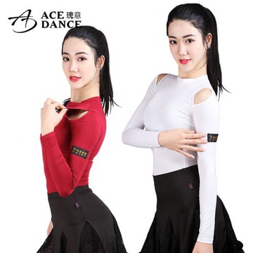 瑰意女成人拉丁舞服裝秋冬露肩長袖短袖圓領練功上衣藝考服SY050