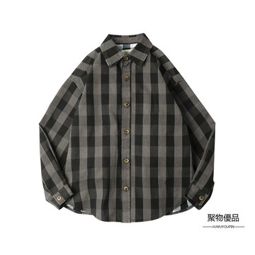 美式復古廓形重磅方格子襯衫夾克厚實格紋襯衣寬版外套男【聚物優品】