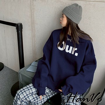 【HanVo】OUR.字母圓領寬鬆鋪棉T 保暖系列簡約質感休閒百搭 韓系女裝 女生衣著 A02-1996