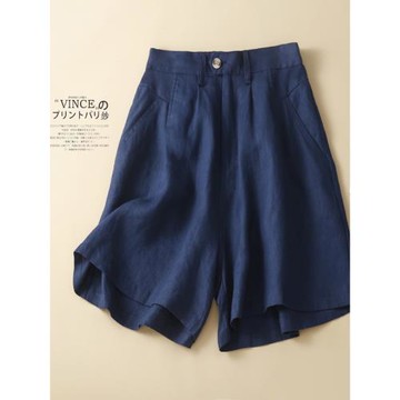 亞麻高腰闊腿褲薄款夏季褲子松緊腰休閑褲大碼女褲胖妹妹苧麻短褲