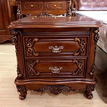 免運/可開票 快速出貨 床頭櫃 邊櫃 歐式復古雕花板栗色實木床頭櫃古典奢華高檔臥室床邊櫃儲物櫃整裝