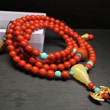 四川南紅圓珠多圈手鏈 滿色滿肉柿子紅 搭配天然蜜蠟三通等