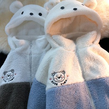 針織開衫日系可愛小熊耳朵羊羔毛外套 女秋冬季加絨加厚情侶學生寬松【淘夢屋】