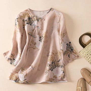 中國風印花苧麻七分袖襯衫女圓領斜襟盤扣禪意茶服亞麻碎花上衣夏