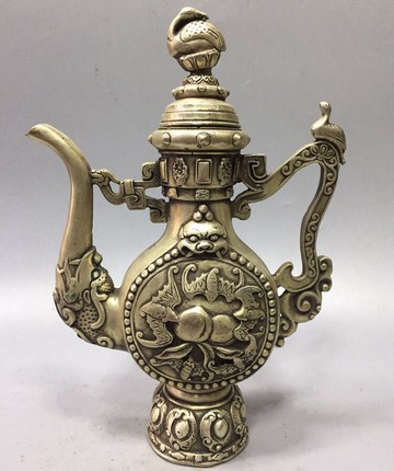 仿古純銅黃銅鍍銀福壽壺擺件酒壺茶壺賀壽禮品家居裝飾古玩收藏品