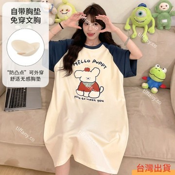【帶胸墊】新款卡通印花可愛睡裙女 可外穿家居服寬鬆舒適時尚短袖睡裙 中長款加肥加大碼胖MM睡裙 女生連衣裙睡裙